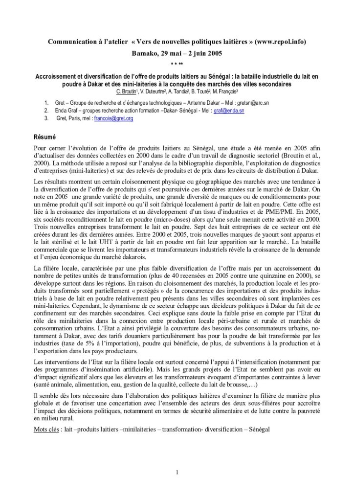 Accroissement et diversification de l’offre de produits laitiers au Sénégal : la bataille industrielle du lait en poudre à Dakar et des mini-laiteries à la conquête des marchés des villes secondaires
