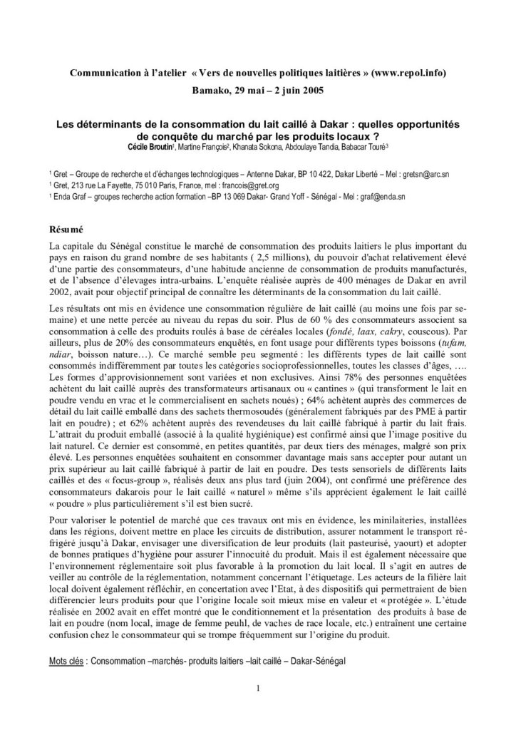 Les déterminants de la consommation du lait caillé à Dakar : quelles opportunités de conquête du marché par les produits locaux ?
