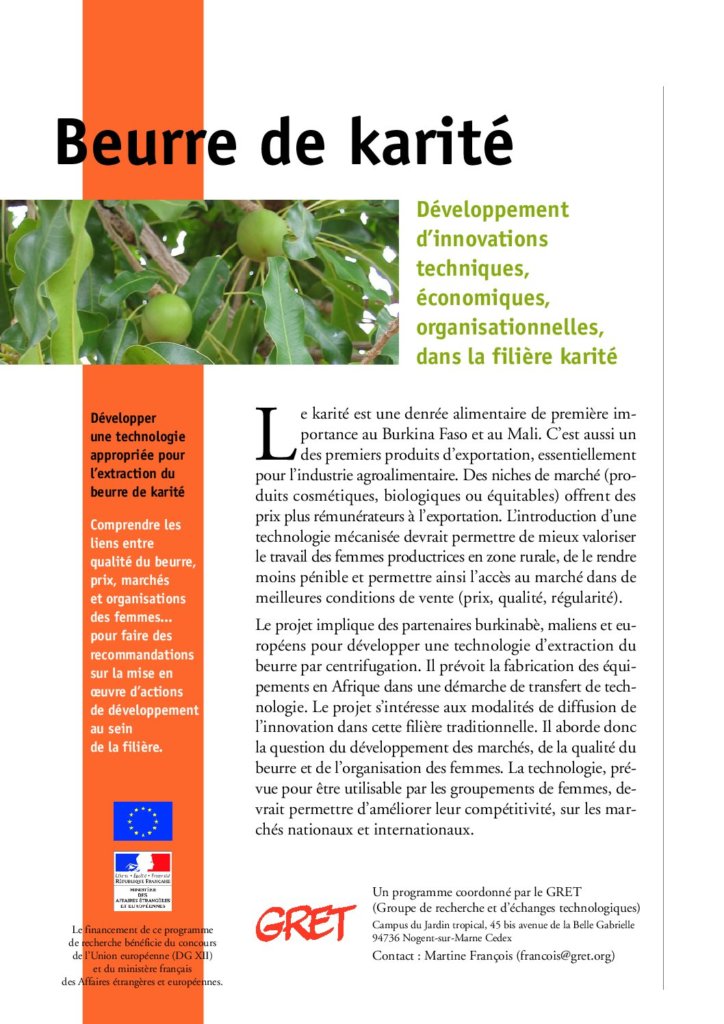 Beurre de karité. Développement d’innovations techniques, économiques, organisationnelles, dans la filière karité