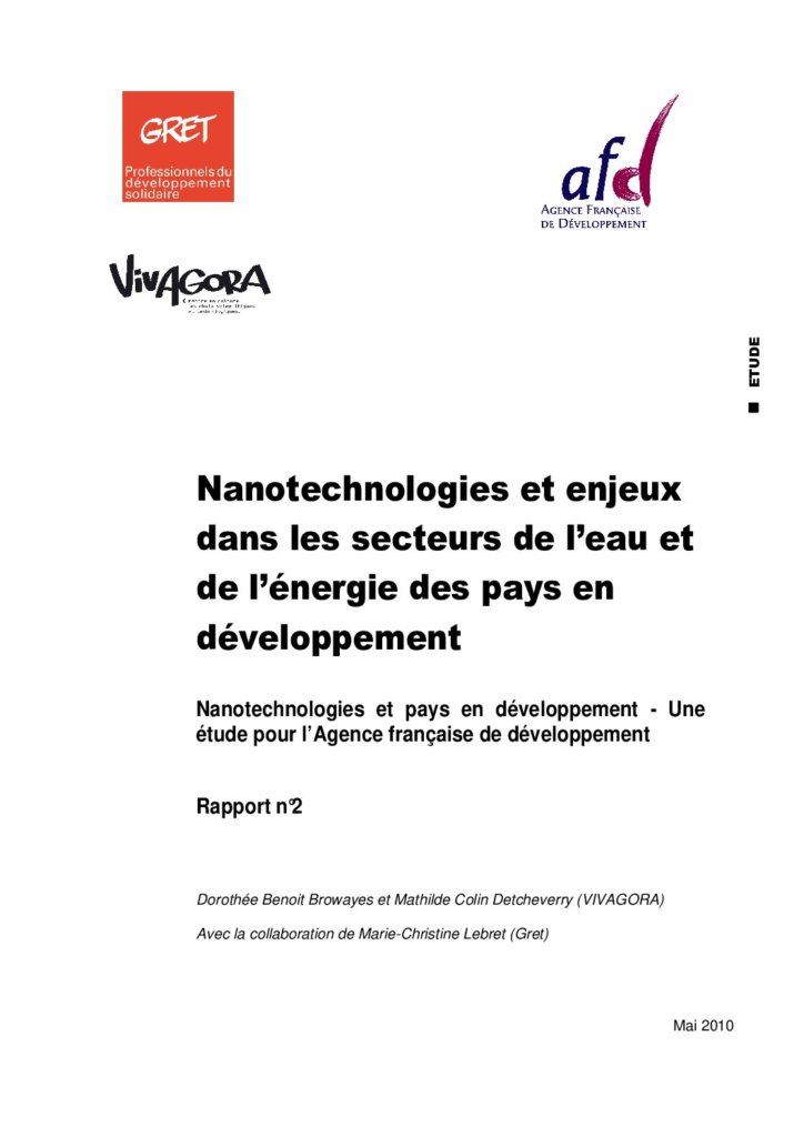 Nanotechnologies et enjeux dans les secteurs de l’eau et de l’énergie des pays en développement : Nanotechnologies  et  pays  en  développement, une étude pour l’Agence française de développement – Rapport 2