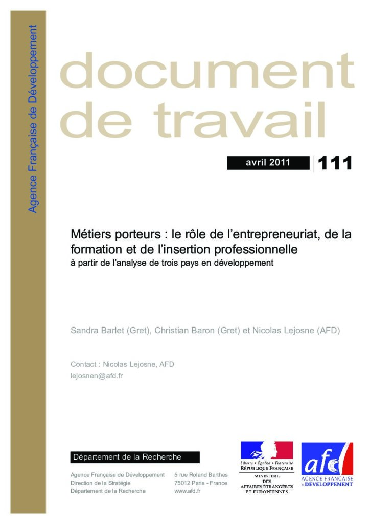 Métiers porteurs : le rôle de l’entrepreneuriat, de la formation et de l’insertion professionnelle à partir de l’analyse de trois pays en développement