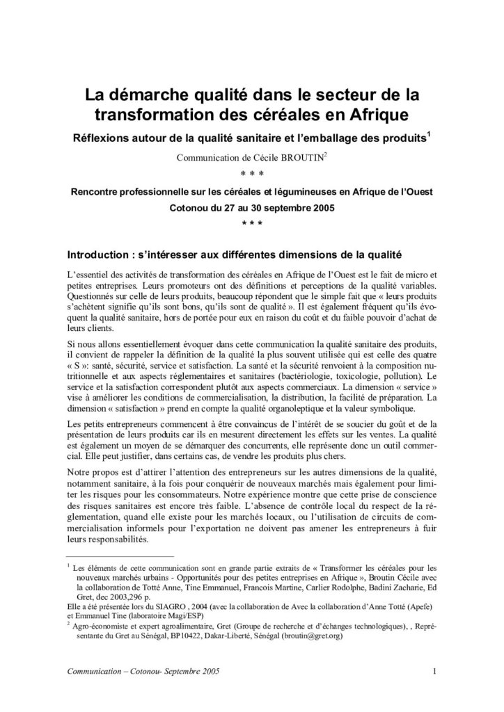 La démarche qualité dans le secteur de la transformation des céréales en Afrique, réflexions autour de la qualité sanitaire et l’emballage des produits