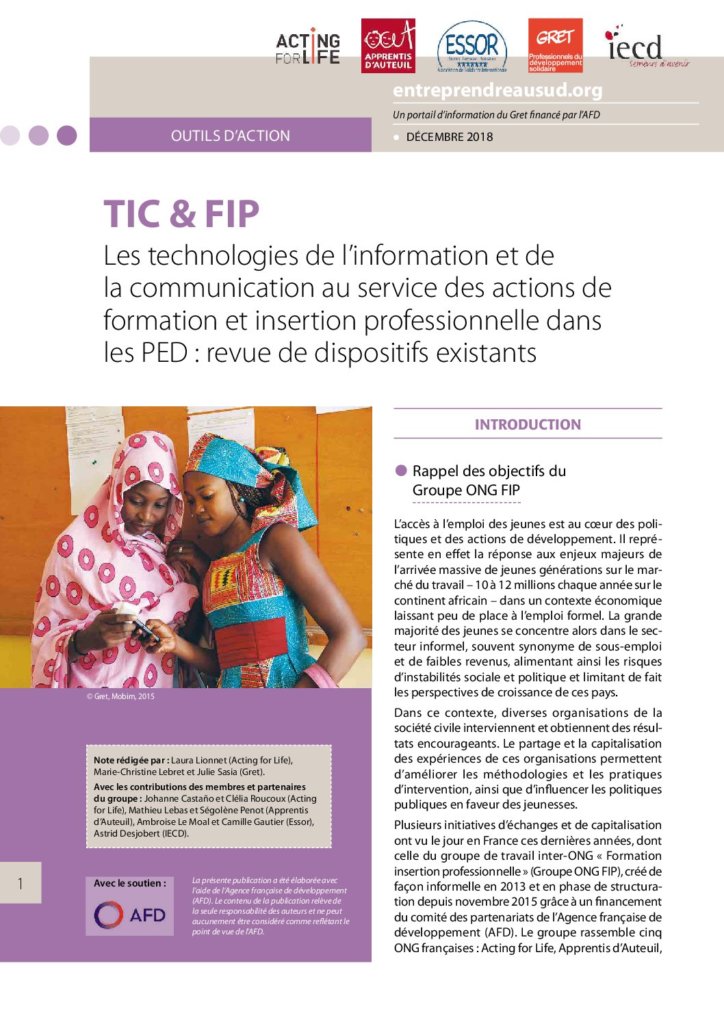 TIC & FIP – Les technologies de l’information et de la communication au service des actions de formation et insertion professionnelle dans les PED