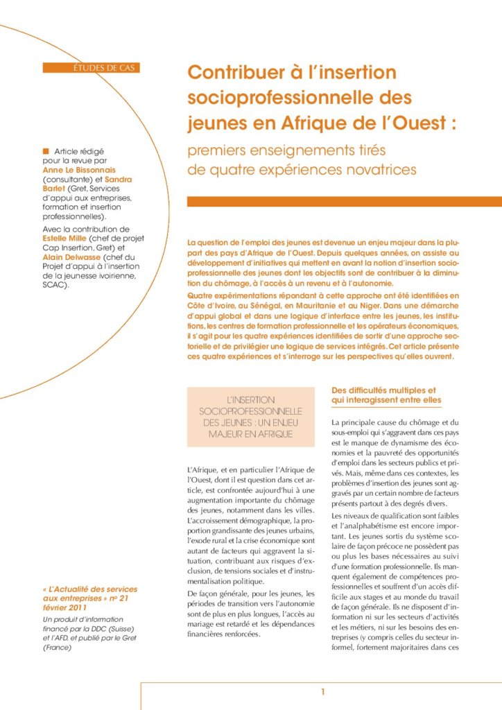 Contribuer à l’insertion socioprofessionnelle des jeunes en Afrique de l’Ouest : premiers enseignements tirés de quatre expériences novatrices