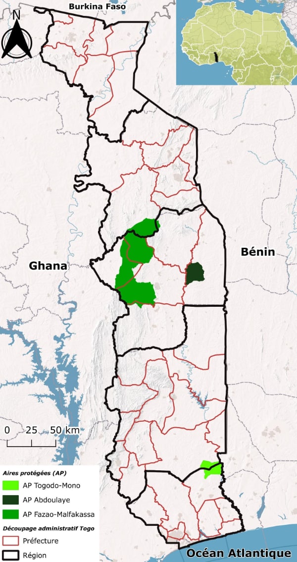 Carte localisant les aires protégées relatives au projet Gipap au Togo